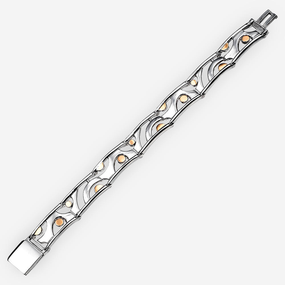 Abstract sterling silver bracelet with cut out dancing men design with 14k gold heads on every link.