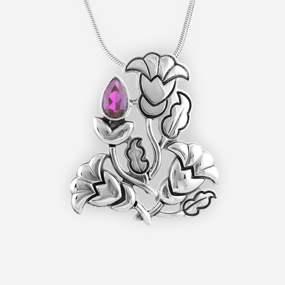 Art Nouveau Pendant Casting in Sterling Silver, Carved in Floral Motifs and Setting with Faceted Cubic Zirconia.
