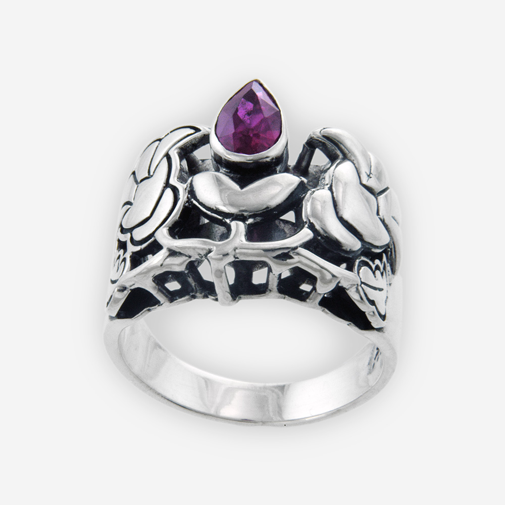 Art Nouveau Intricate Ring Cast in Sterling Silver, Carved in Floral Motifs and Setting with Faceted Cubic Zirconia.