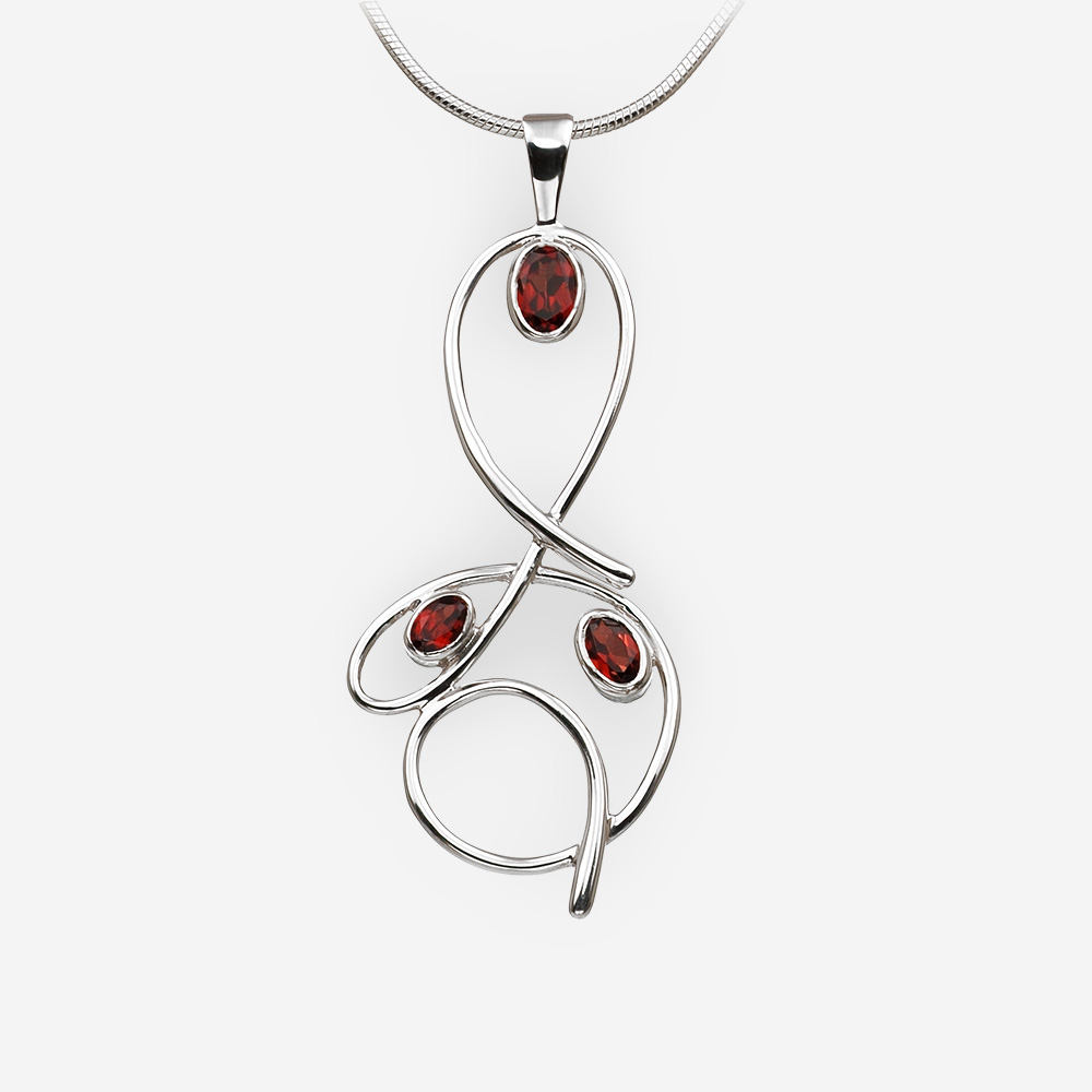 Curved sterling silver garnet pendant with high polished finish.