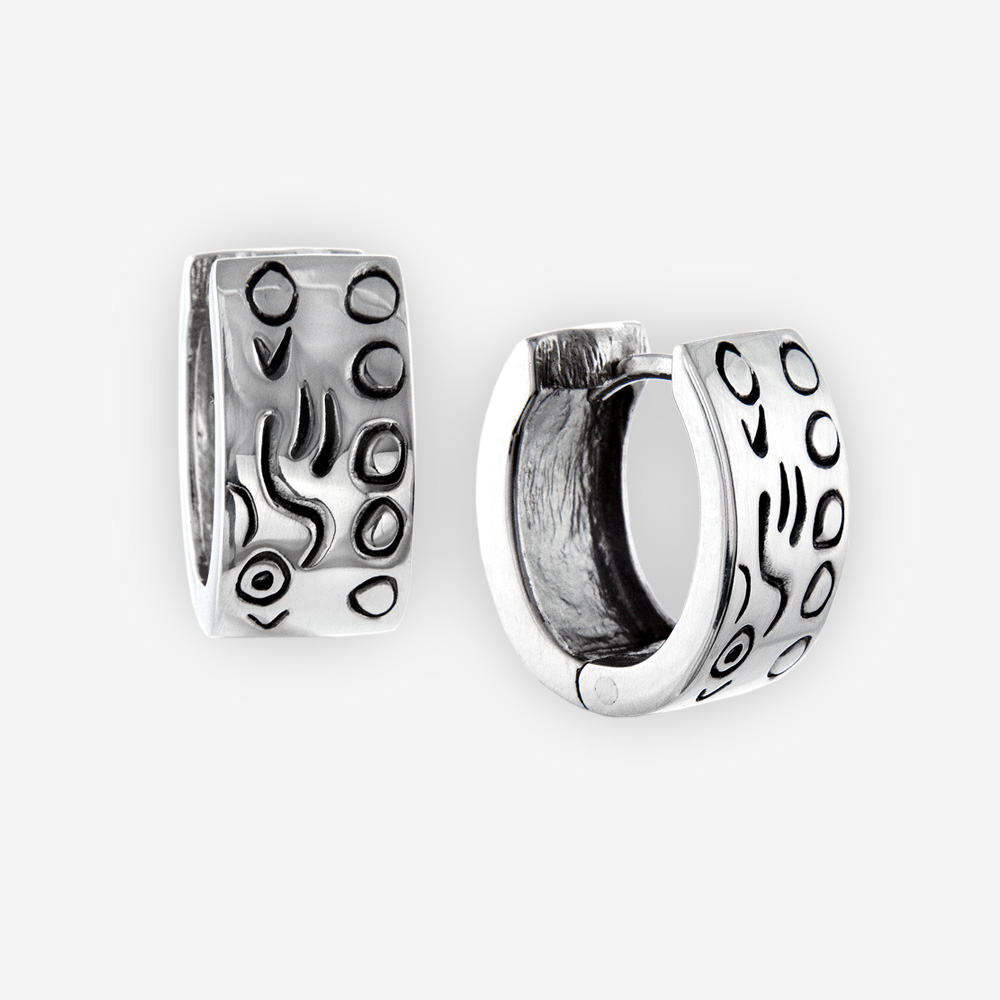 Eccentric engraved huggie hoop earrings are crafted in 925 sterling silver with an oxidized abstract design.