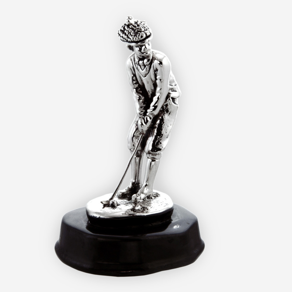 Electroformed golfer silver sculpture with an oxidized finish