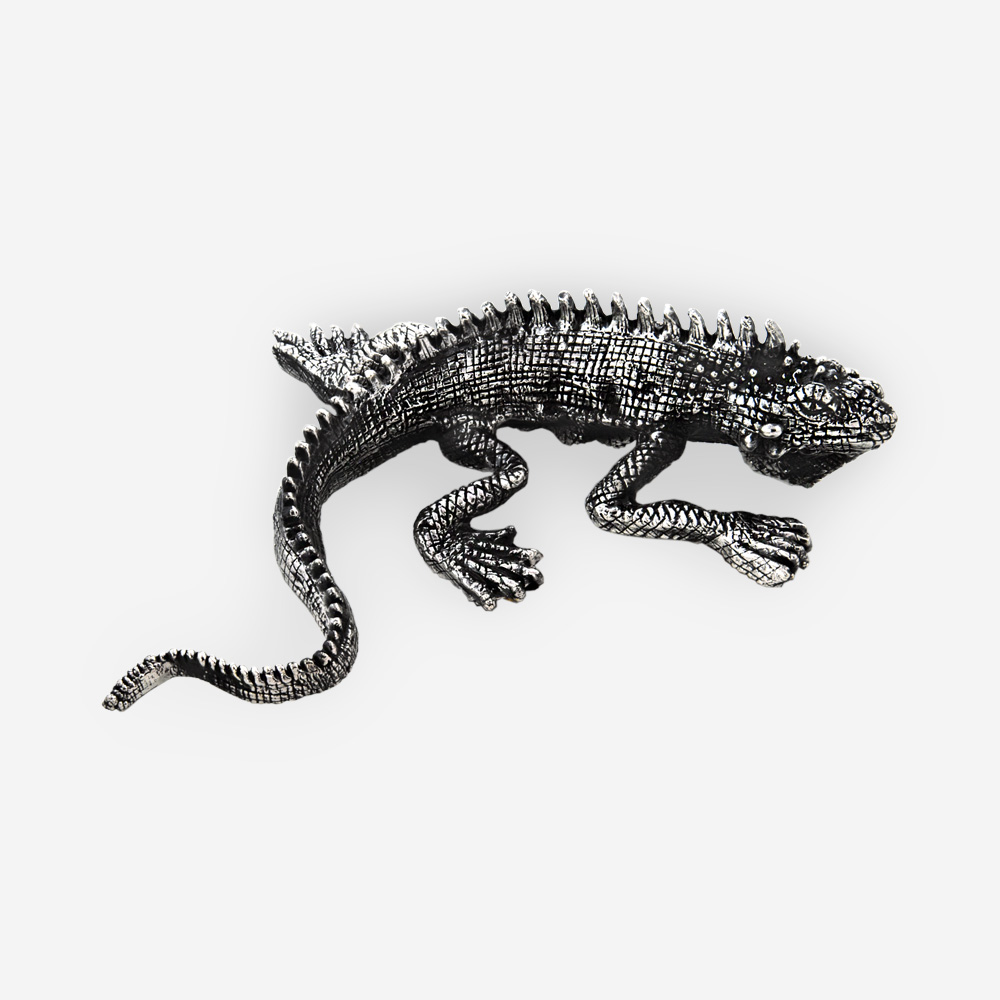 Electroformed iguana silver sculpture with an oxidized finish