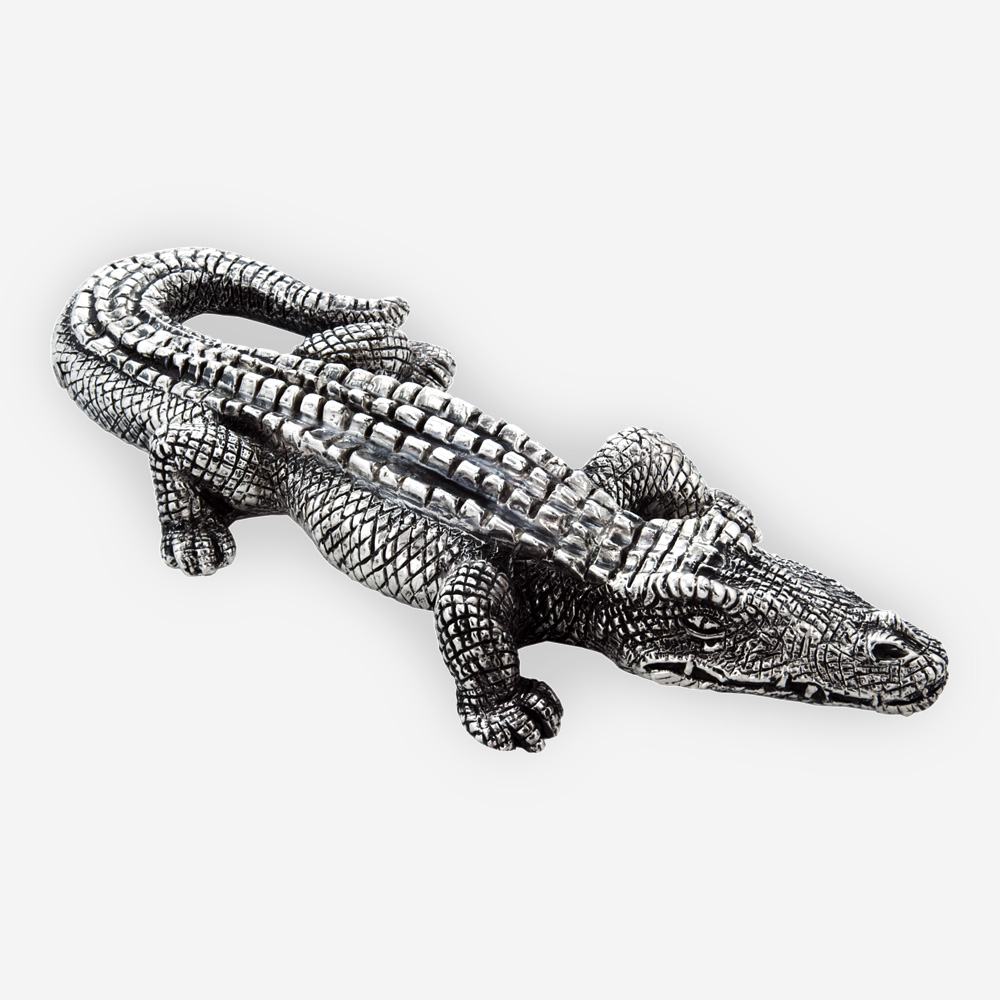 Electroformed silver alligator sculpture with a silver plated oxidized finish