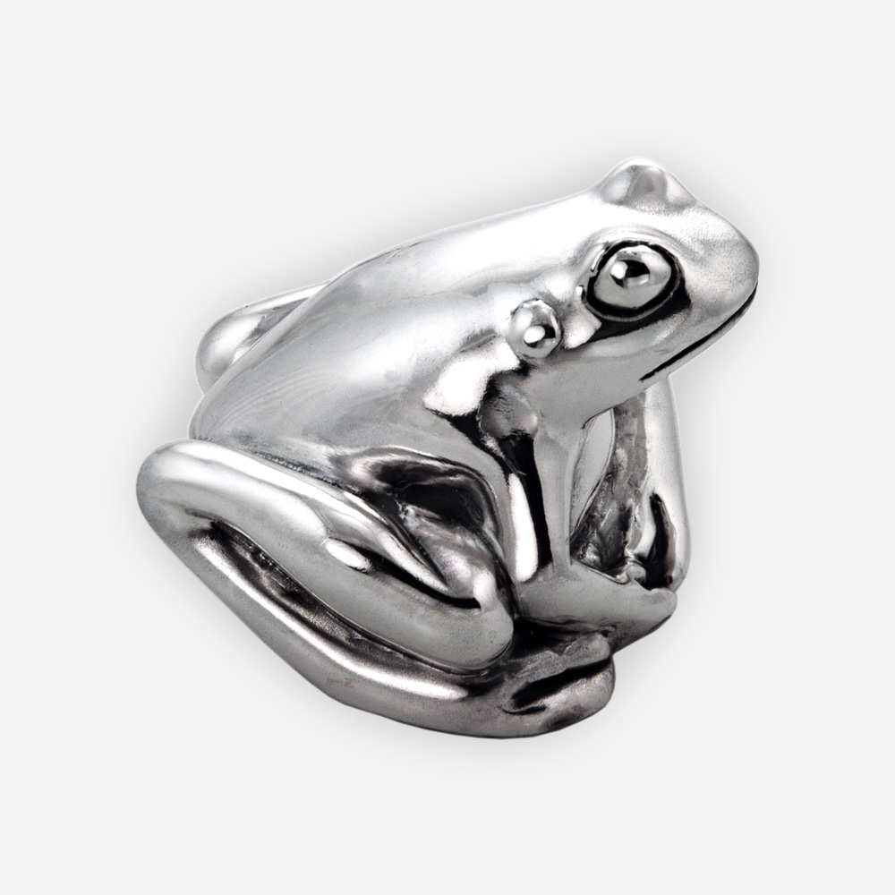Electroformed silver frog sculpture with a sleek polished finish