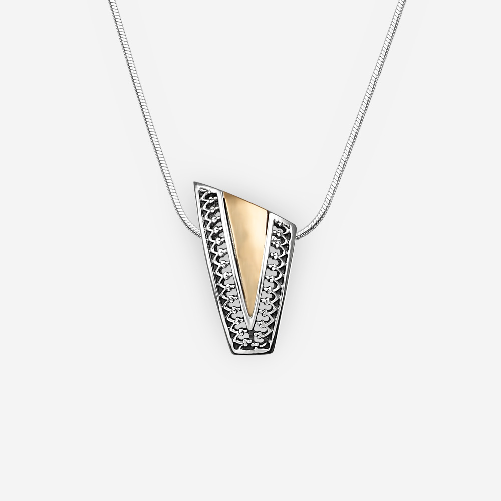 Exotic geometric silver necklace crafted from 925 sterling silver and embossed with 14k gold on a silver chain.