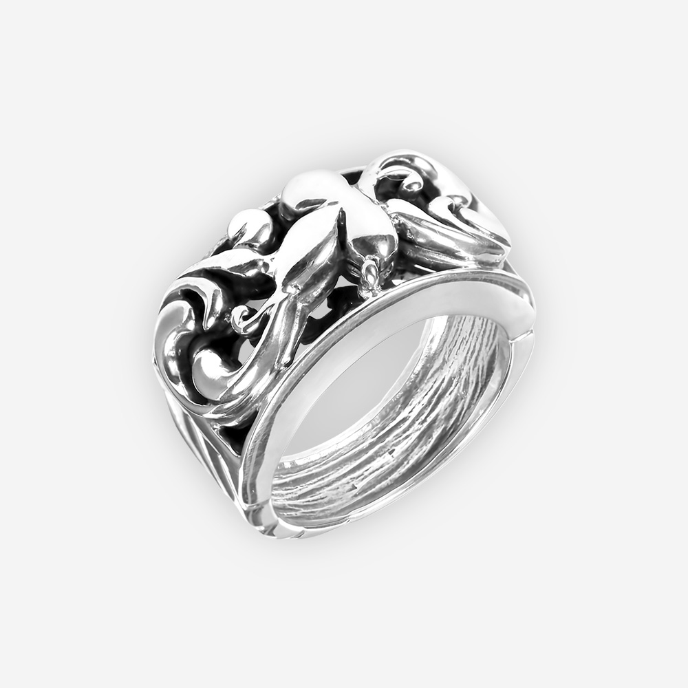 Floral filigree silver ring with sculpted leaf crafted in 925 sterling silver.