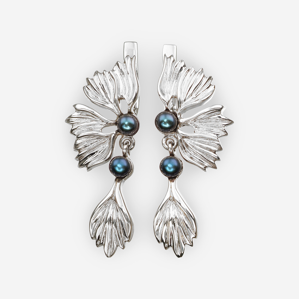 Floral silver dangle earrings with iridescent black pearls and latch back closures.