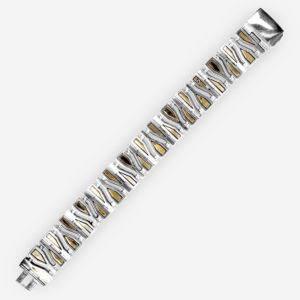 Geometric fragments silver link bracelet crafted from 925 sterling silver and 14k gold accents.