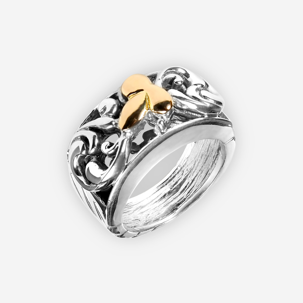 Gold sculpted leaf silver ring crafted in 925 sterling silver and 14k gold.