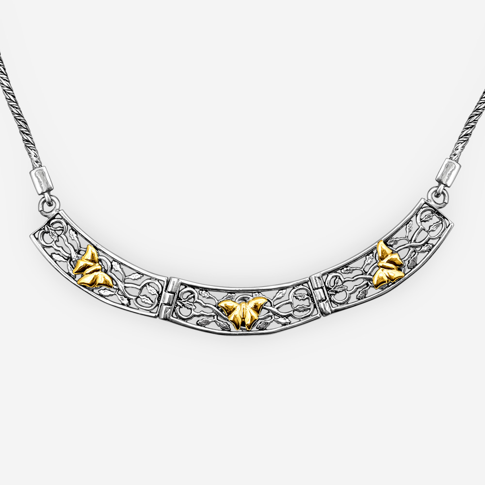 Golden butterflies silver necklace crafted in sterling silver and 14k gold.