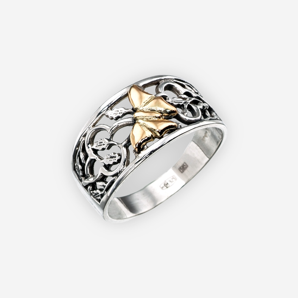 Golden butterfly silver openwork ring crafted from 925 sterling silver and 14k gold.