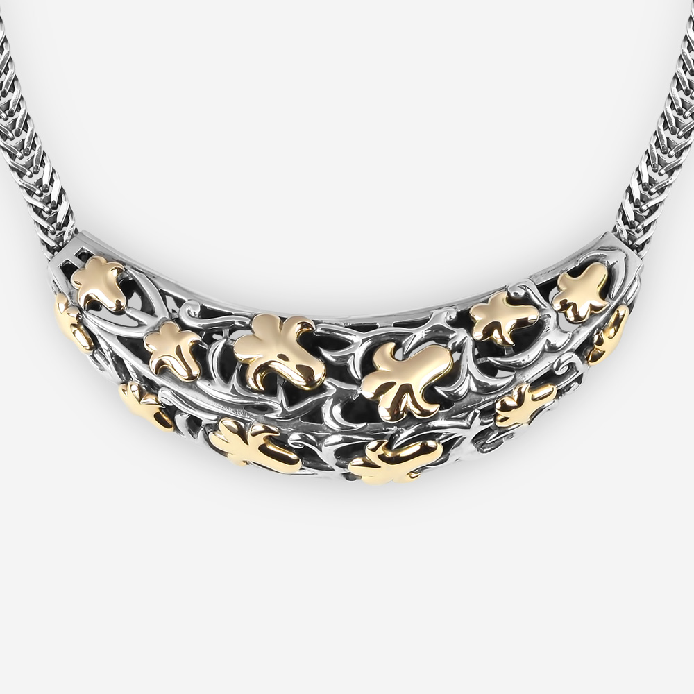 Sterling Silver Intricate Necklace with Fig Leaves Cast in 14k gold and Wide Foxtail Chain.