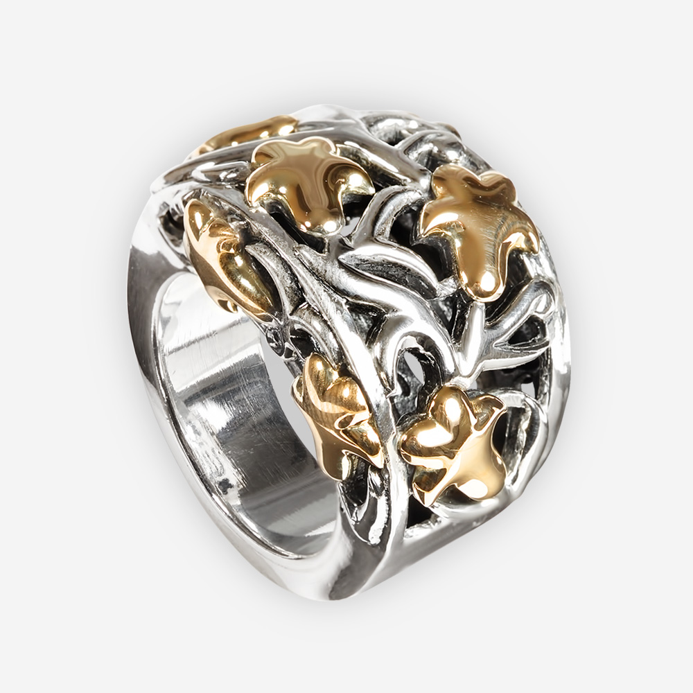 Sterling Silver Reticulated Ring with Fig Leaves in 14k gold.