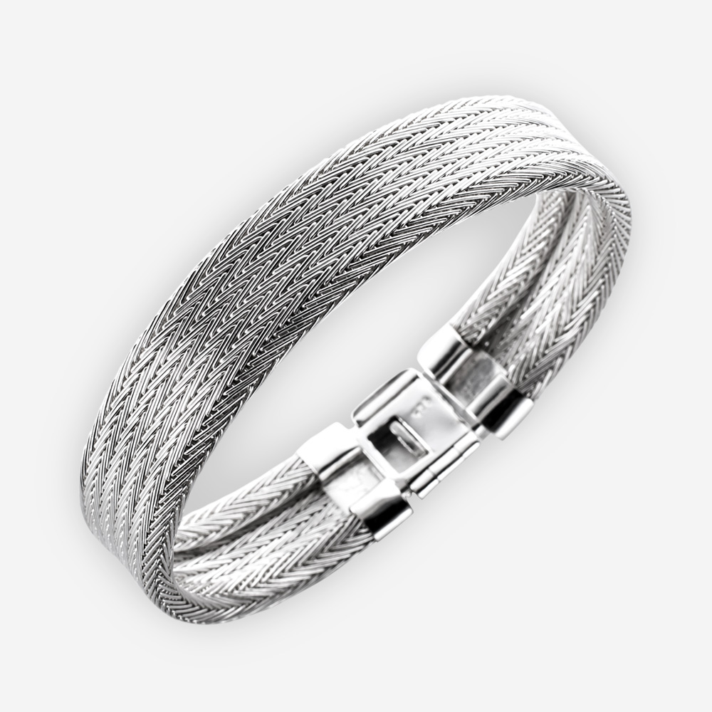 Herringbone pattern sterling silver cuff bracelet.