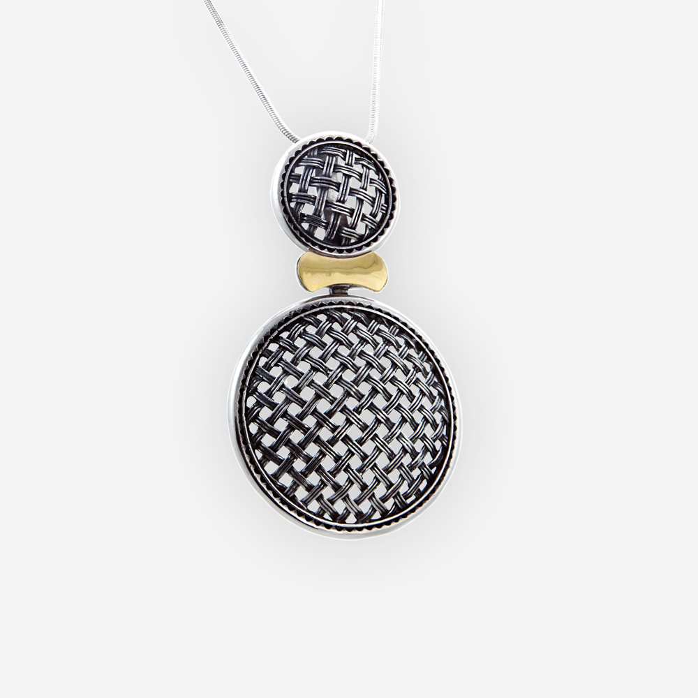 Large two-tone silver lattice pendant features an openwork lattice design and is crafted in 925 sterling silver with a 14k gold detail.