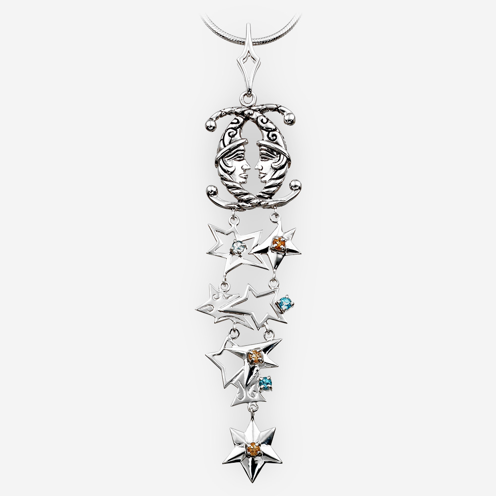 Long silver lunar pendant crafted in 925 sterling silver with topaz and citrine.