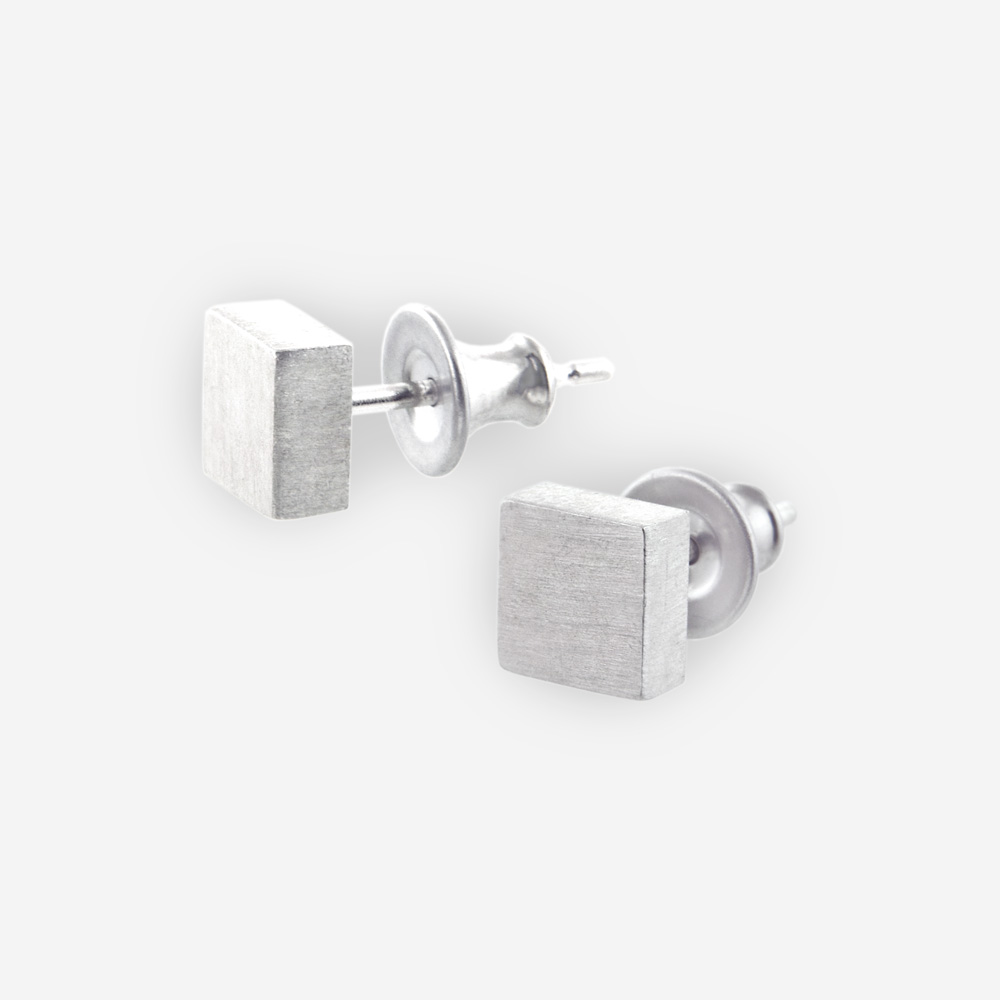 Geo Square Stud Earrings casted in brushed Sterling Silver