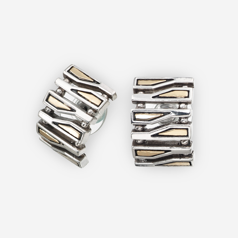 Narrow silver geometric fragments post earrings crafted from 925 sterling silver and 14k gold accents with post backings.