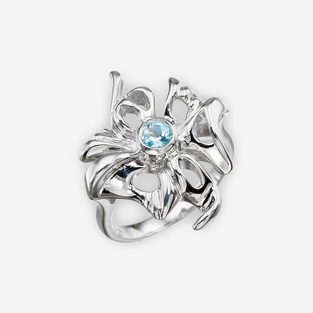 Openwork blue topaz flower silver ring crafted from 925 sterling silver.