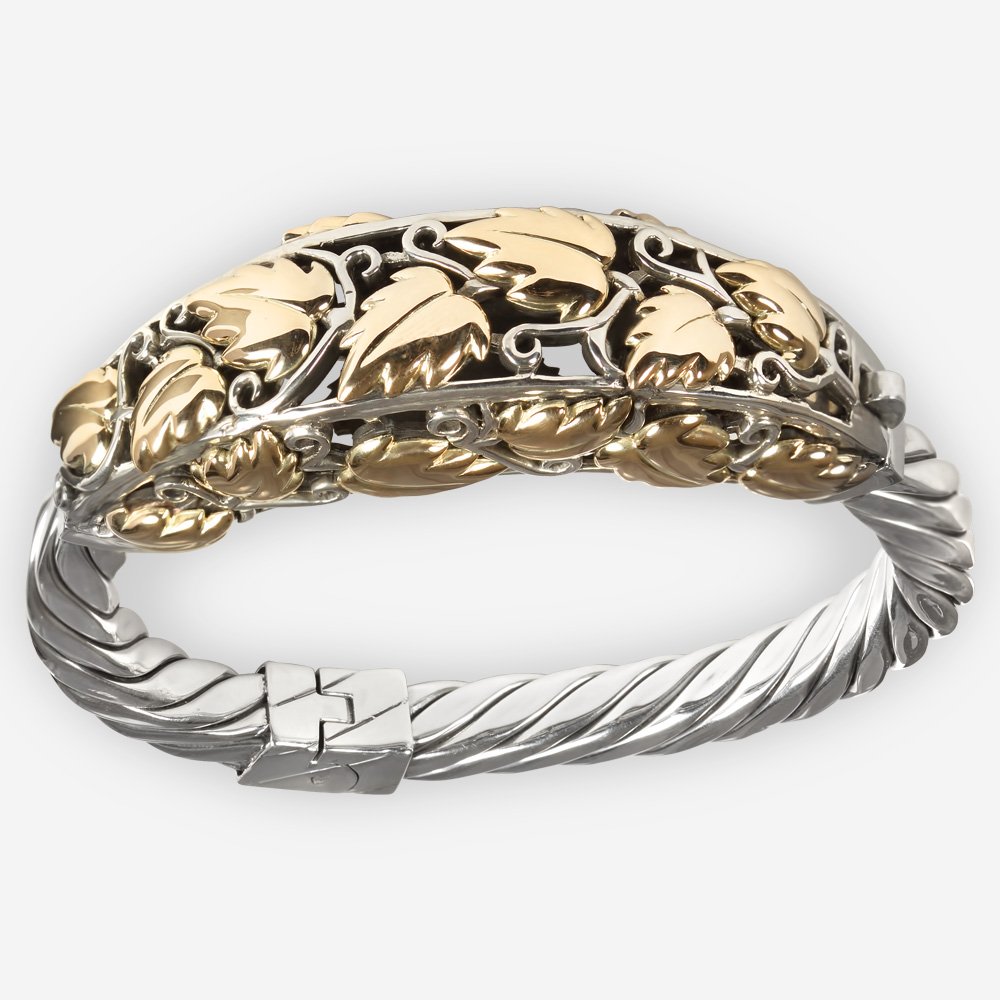 Sterling Silver Reticulated Cable Bracelet with Grape Vine Leaves in 14k Gold