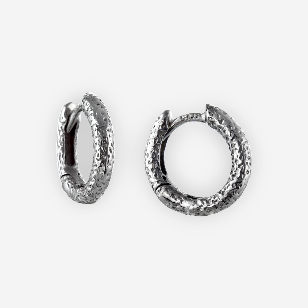 Oxidized speckled texture huggie hoop earrings crafted in 925 sterling silver.