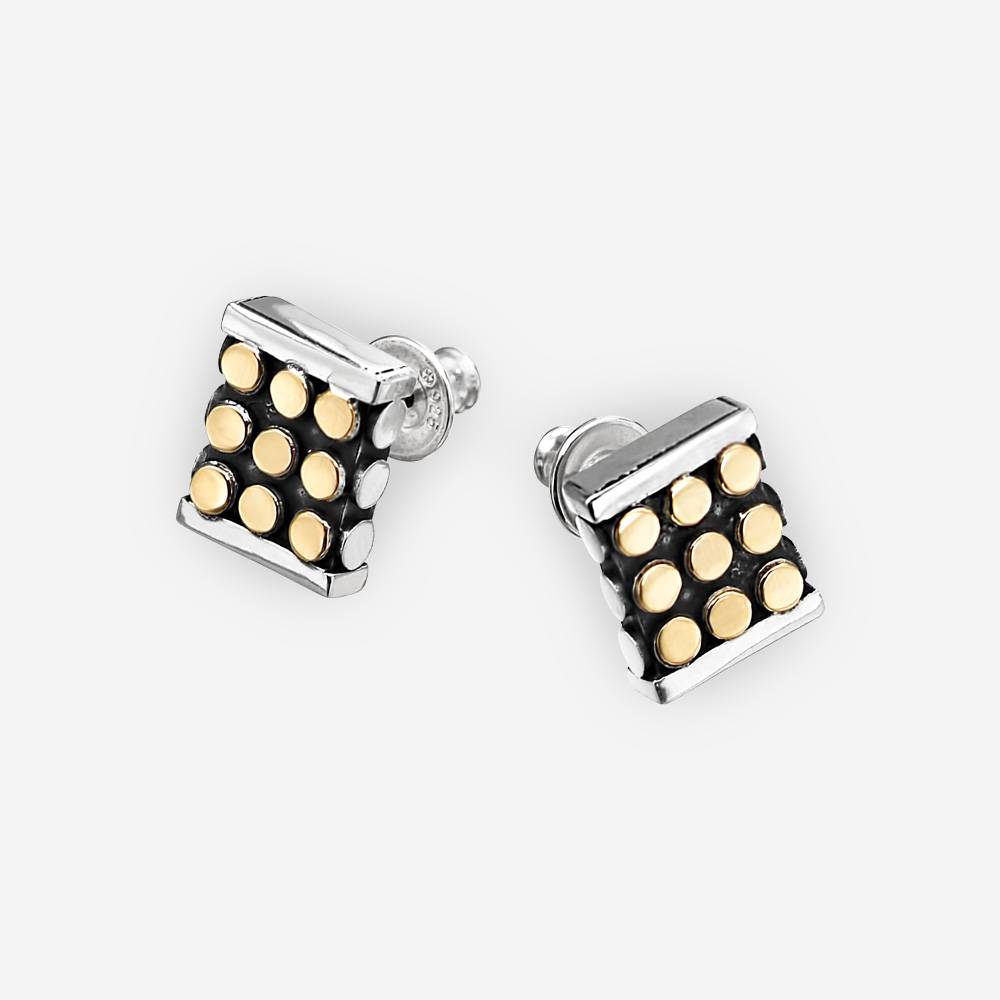 Oxidized square silver post earrings crafted from 925 sterling silver with 14k gold dots.
