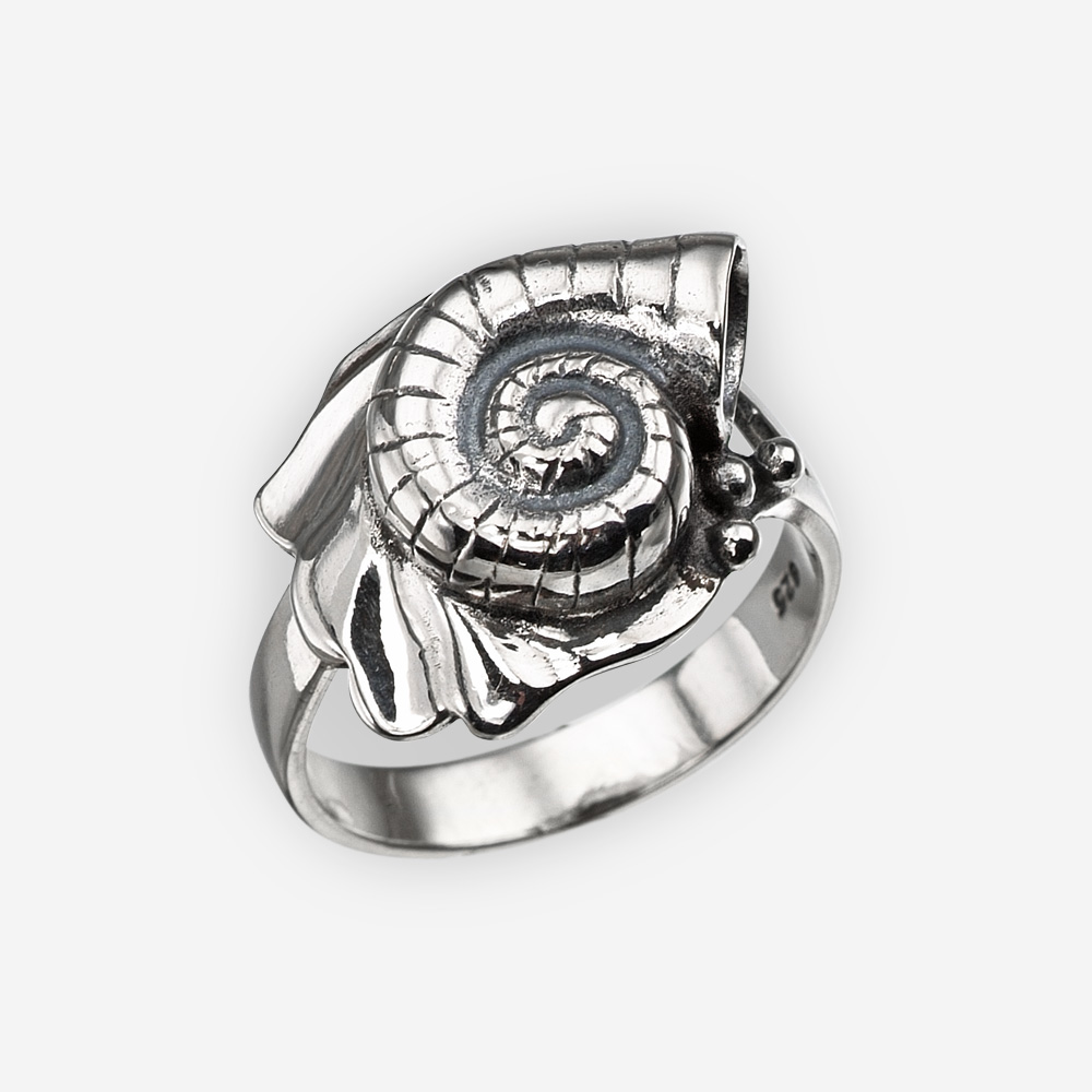 Oxidized sterling silver seashell ring inspired by the ocean's treasures.