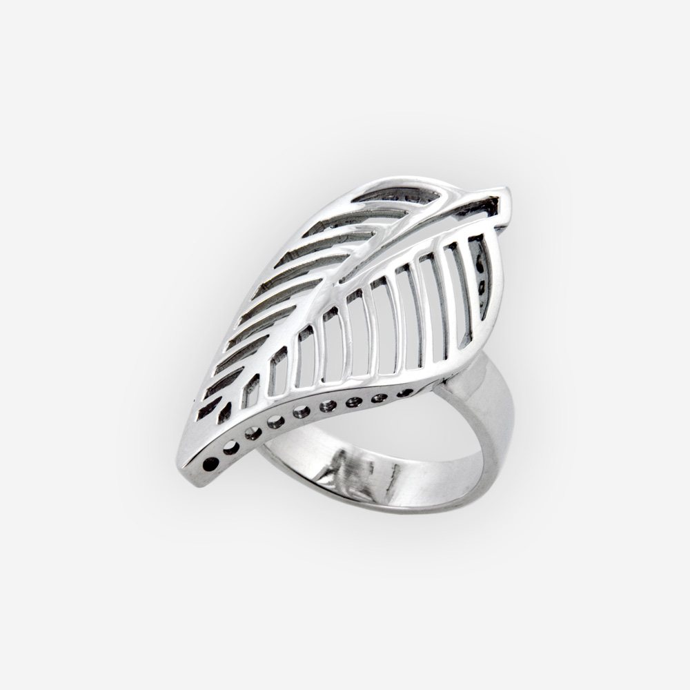 Plain sterling silver cutout leaf ring crafted in polished 925 sterling silver.