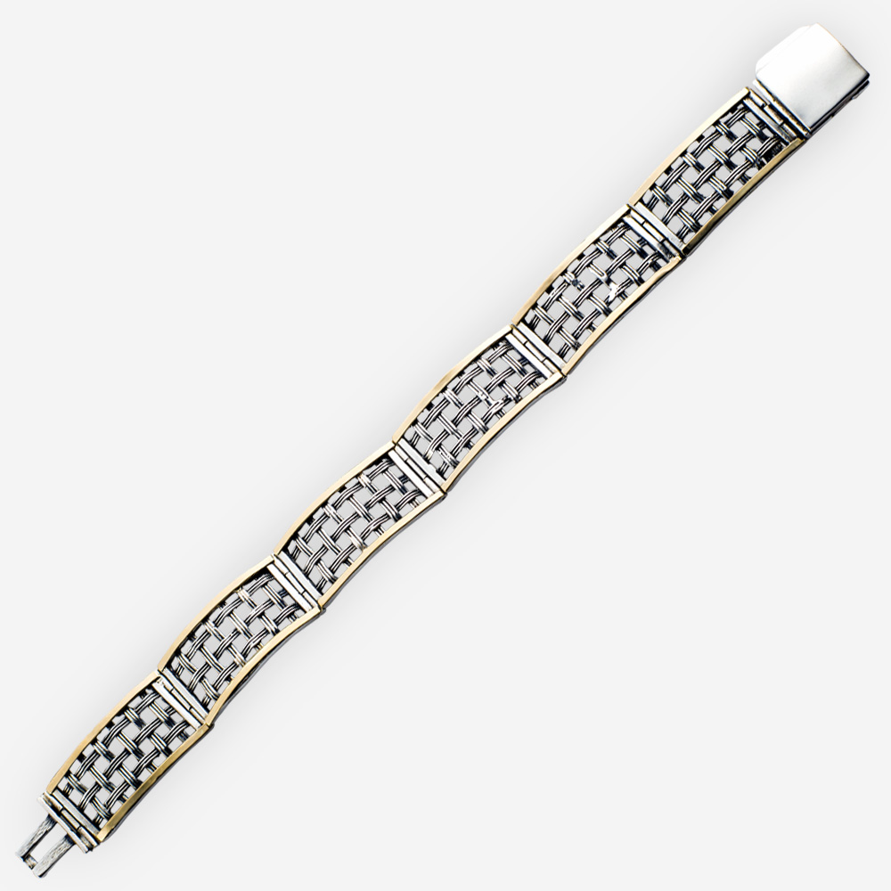 Rectangular silver lattice link bracelet with gold accents. 925 sterling silver and 14k gold.