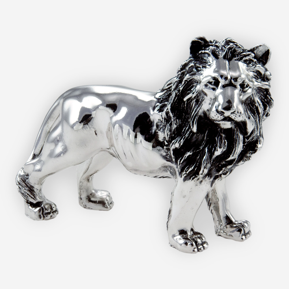 Regal lion silver sculpture is crafted with electroforming techniques and dipped in sterling silver.