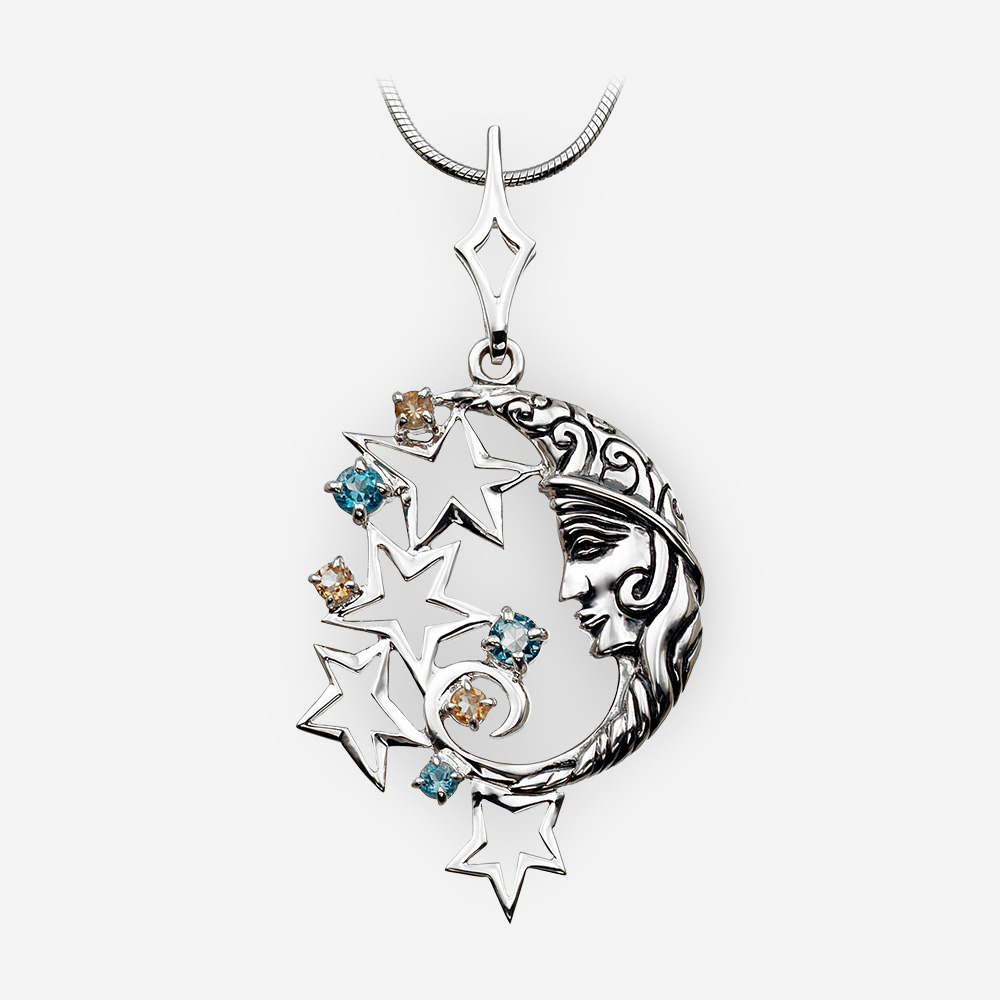 Round silver lunar pendant with topaz and citrine crafted in 925 sterling silver.