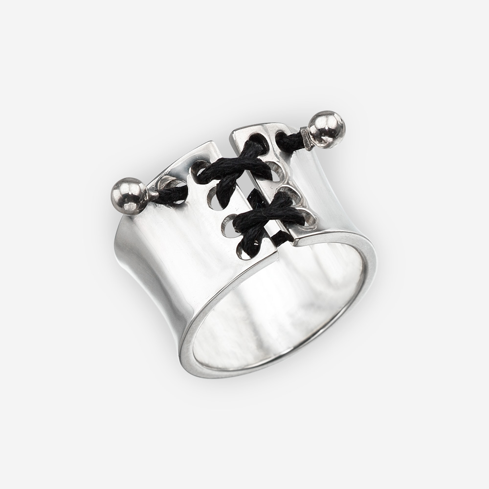 Silver corset ring with black corset lacing and a high polished finish.