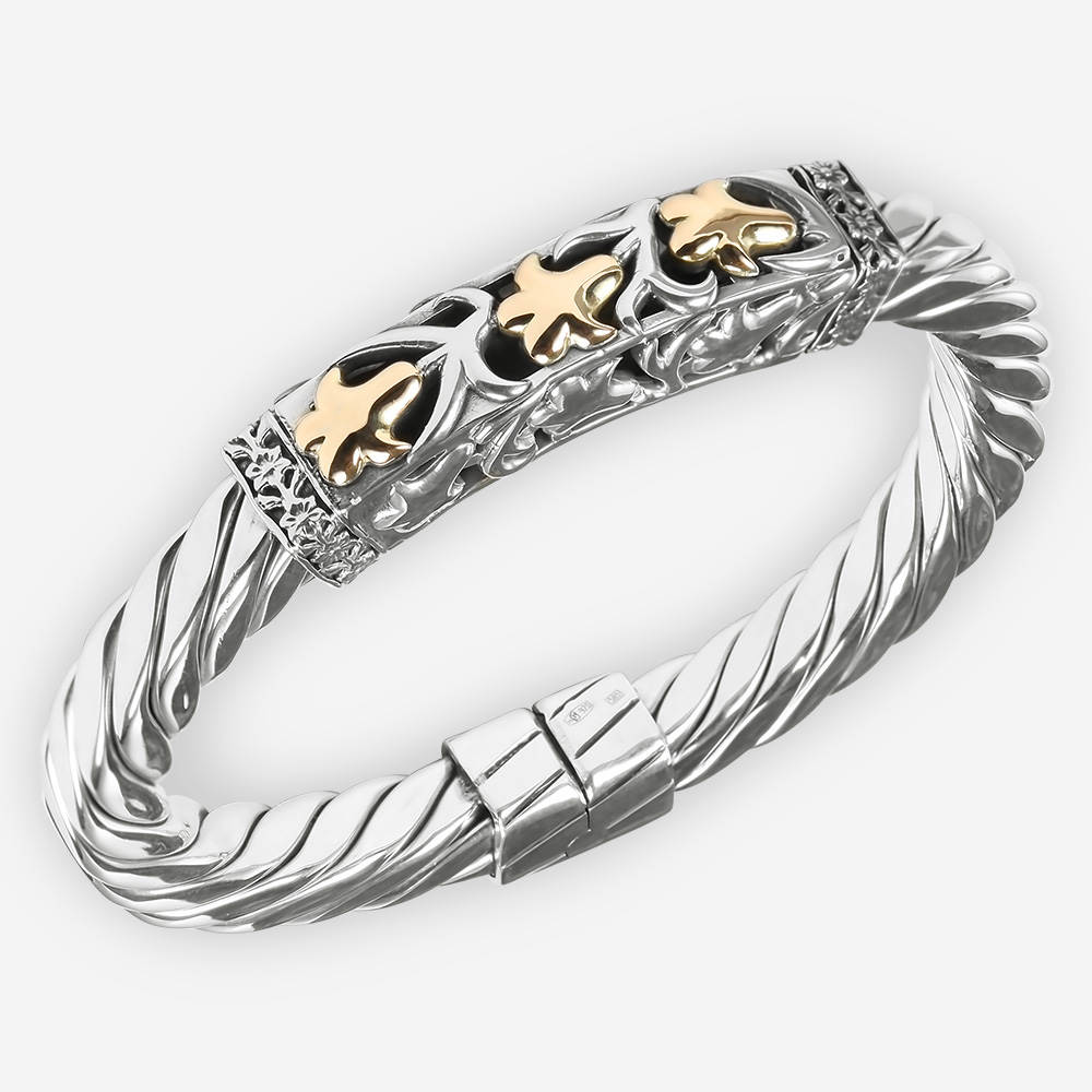 Sterling Silver Reticulated Cable Bracelet with Fig Leaves in 14k Gold
