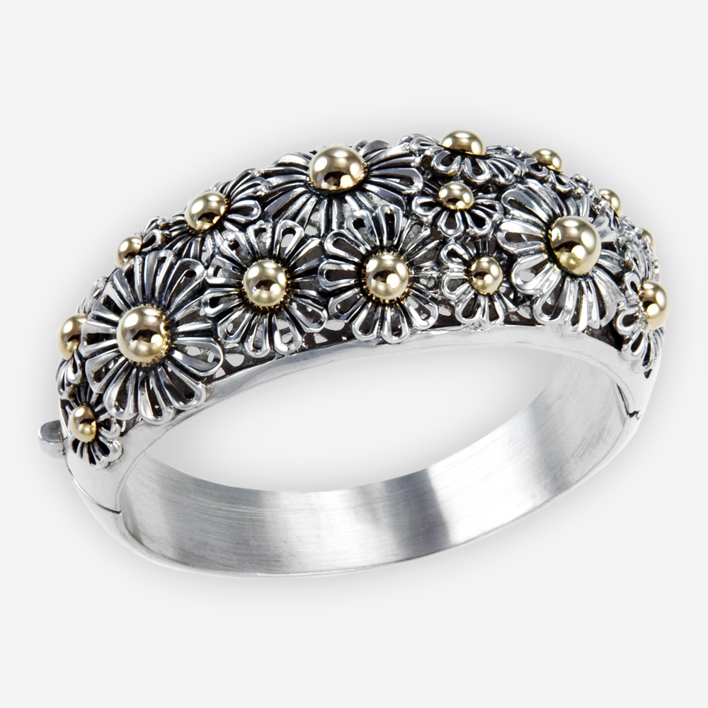 The Silver and Gold Daisies Bracelet, in sterling silver and gold. Also Features lots of pretty daisies.