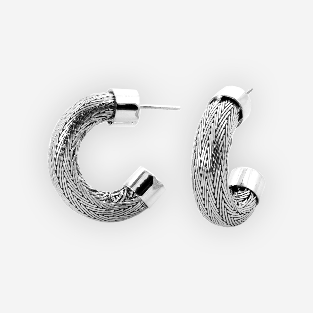 Silver Herringbone Chain Hoops feature handwoven herringbone chain, post backings, crafted in 925 sterling silver.