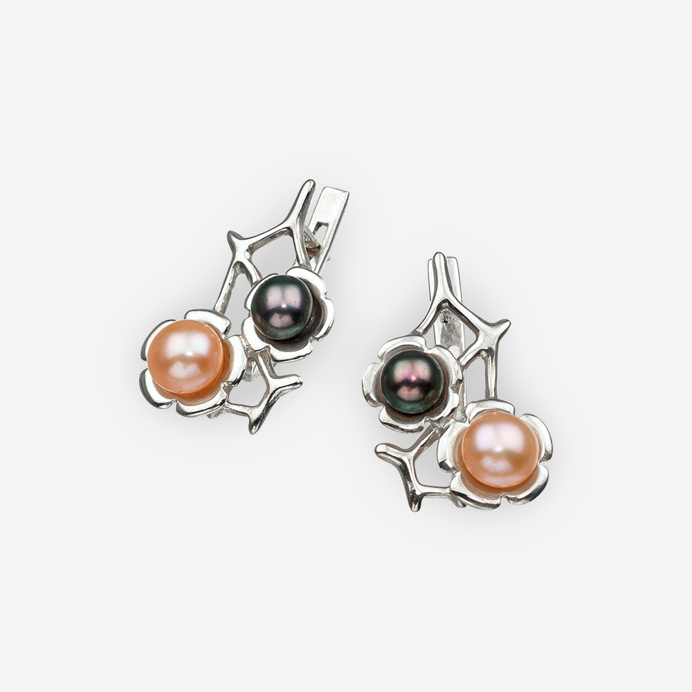 Silver multi-color pearl earrings with flowers in sterling silver and a latch back closure.