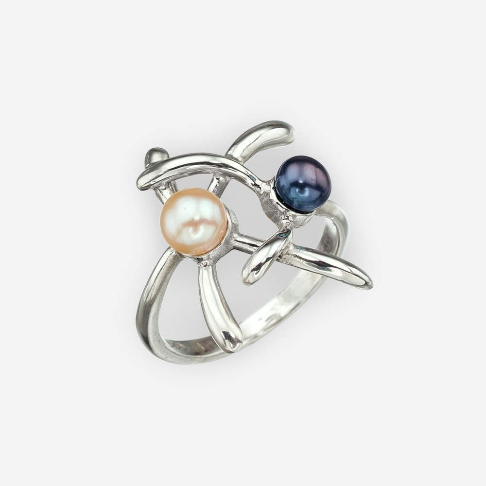 Silver multi-color pearl floral ring crafted in 925 sterling silver and set with black and pink freshwater pearls.