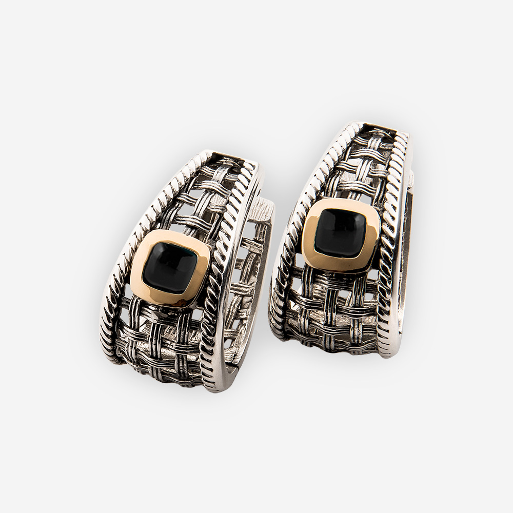 Silver onyx earrings with lattice-work complete with onyx cabochons in a 14k gold bezel and huggie closure.