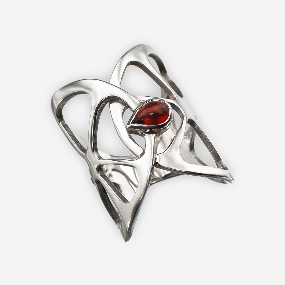 Silver oranges ring with a single garnet seed