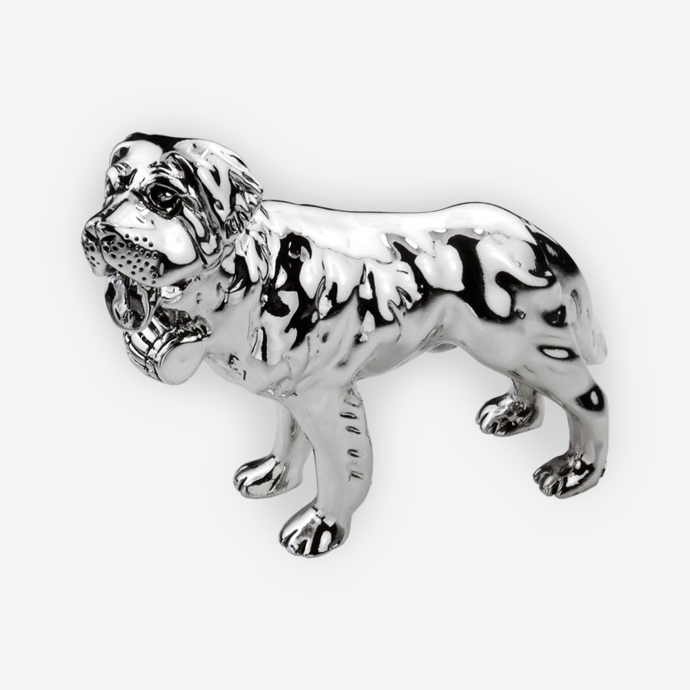 Silver Saint Bernard dog sculpture is crafted with electroforming techniques and dipped in sterling silver.