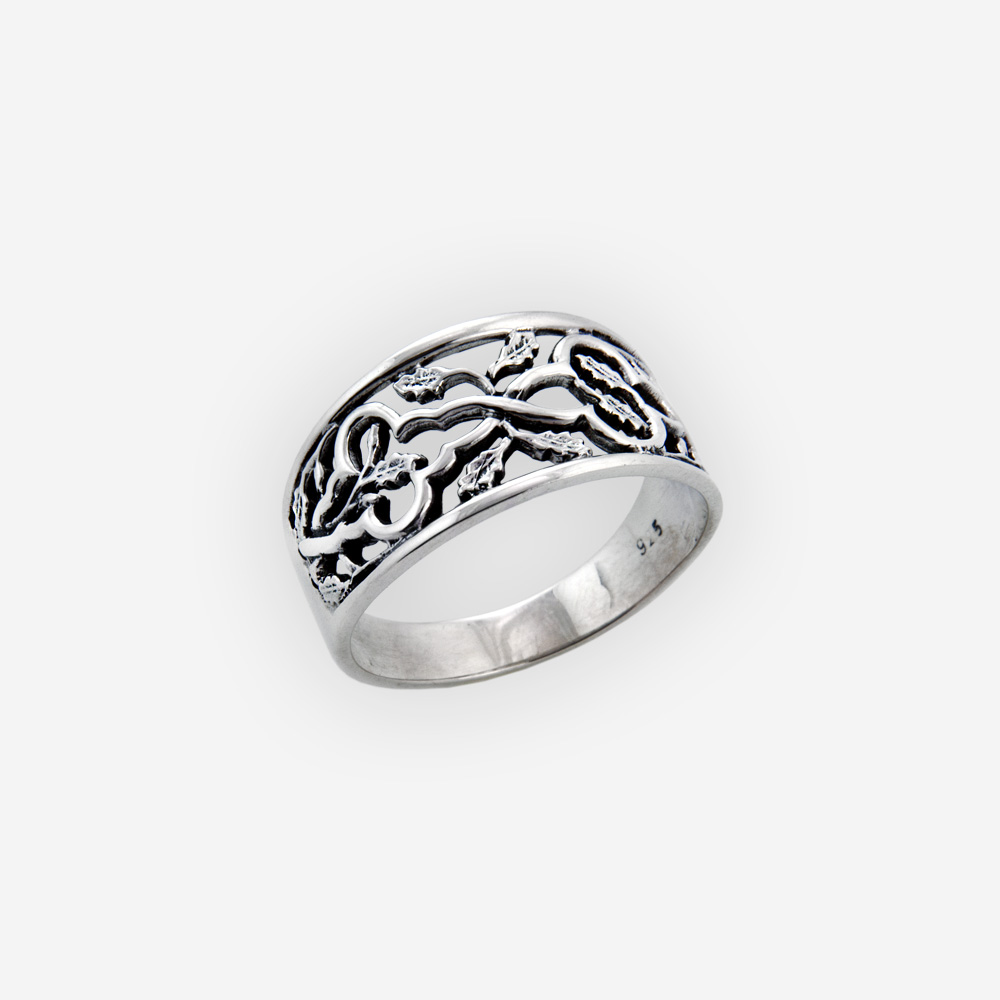 Silver scrolling leaf ring features an oxidized finish and crafted from 925 sterling silver.
