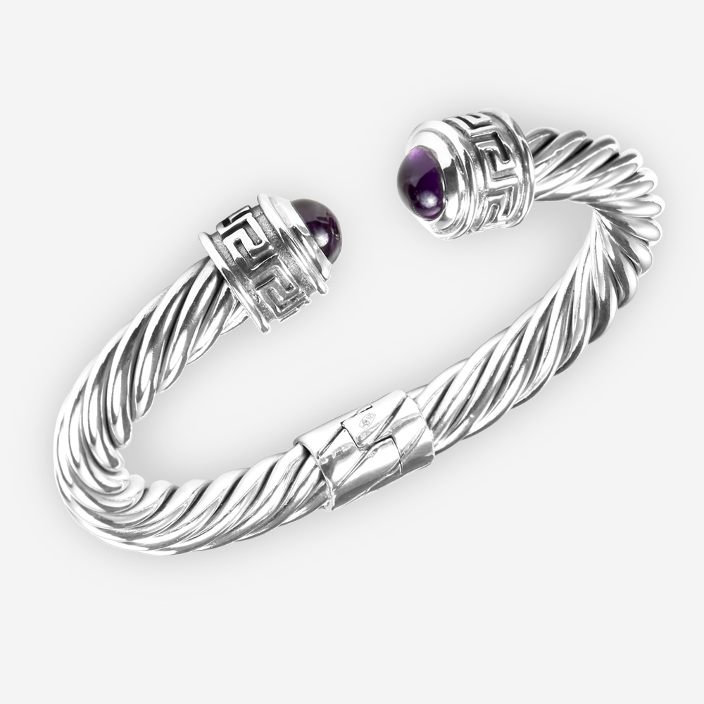 Sterling silver twisted cable bracelet with byzantine design and amethyst cabochons.