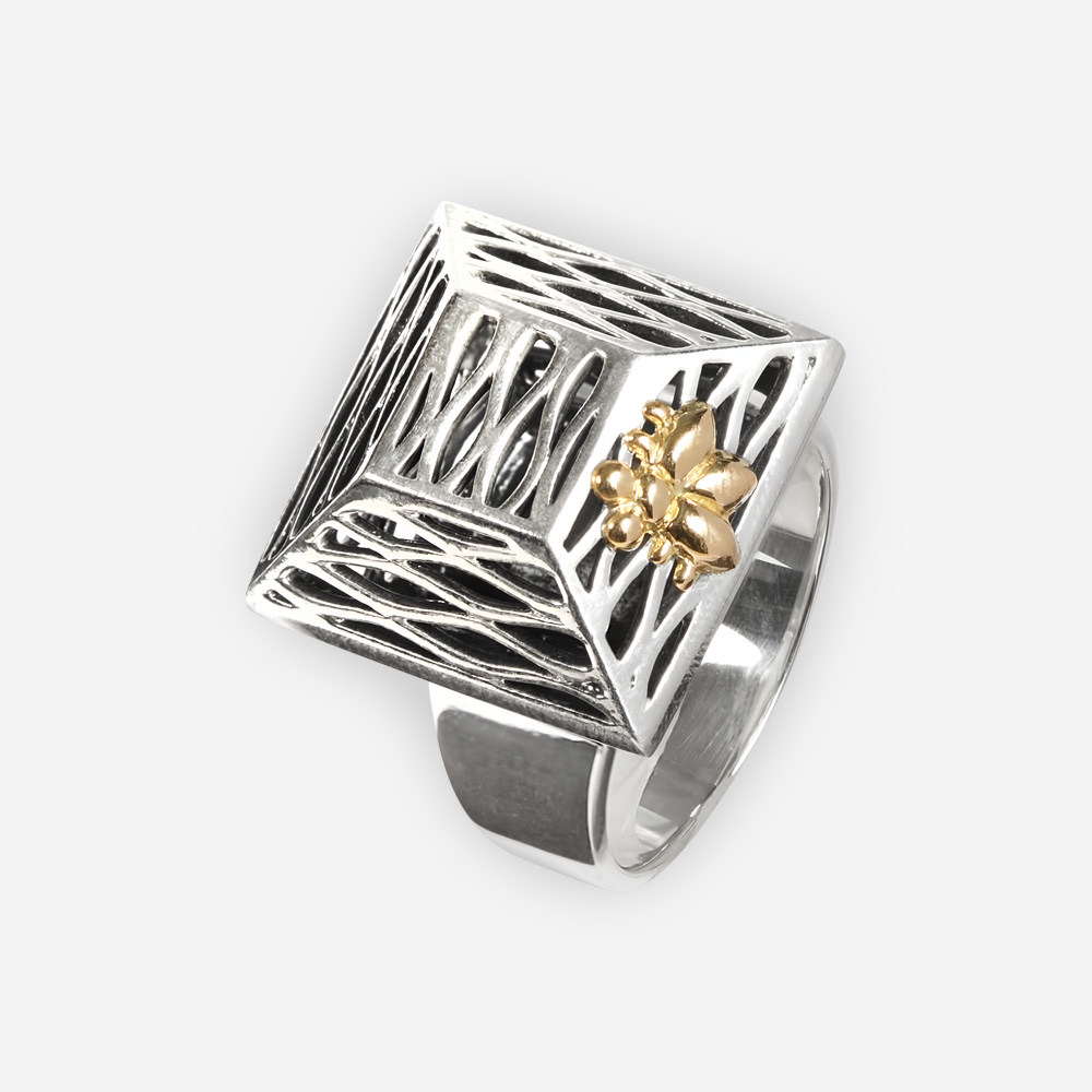 Square silver openwork ring crafted from 925 sterling silver with 14k gold bumblebee.