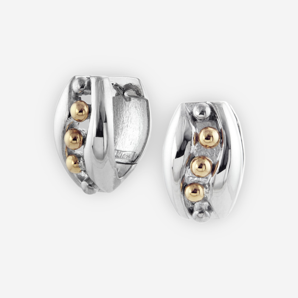 Huggie Hoop Earrings Casting in Sterling Silver with 14 k Gold Dots.