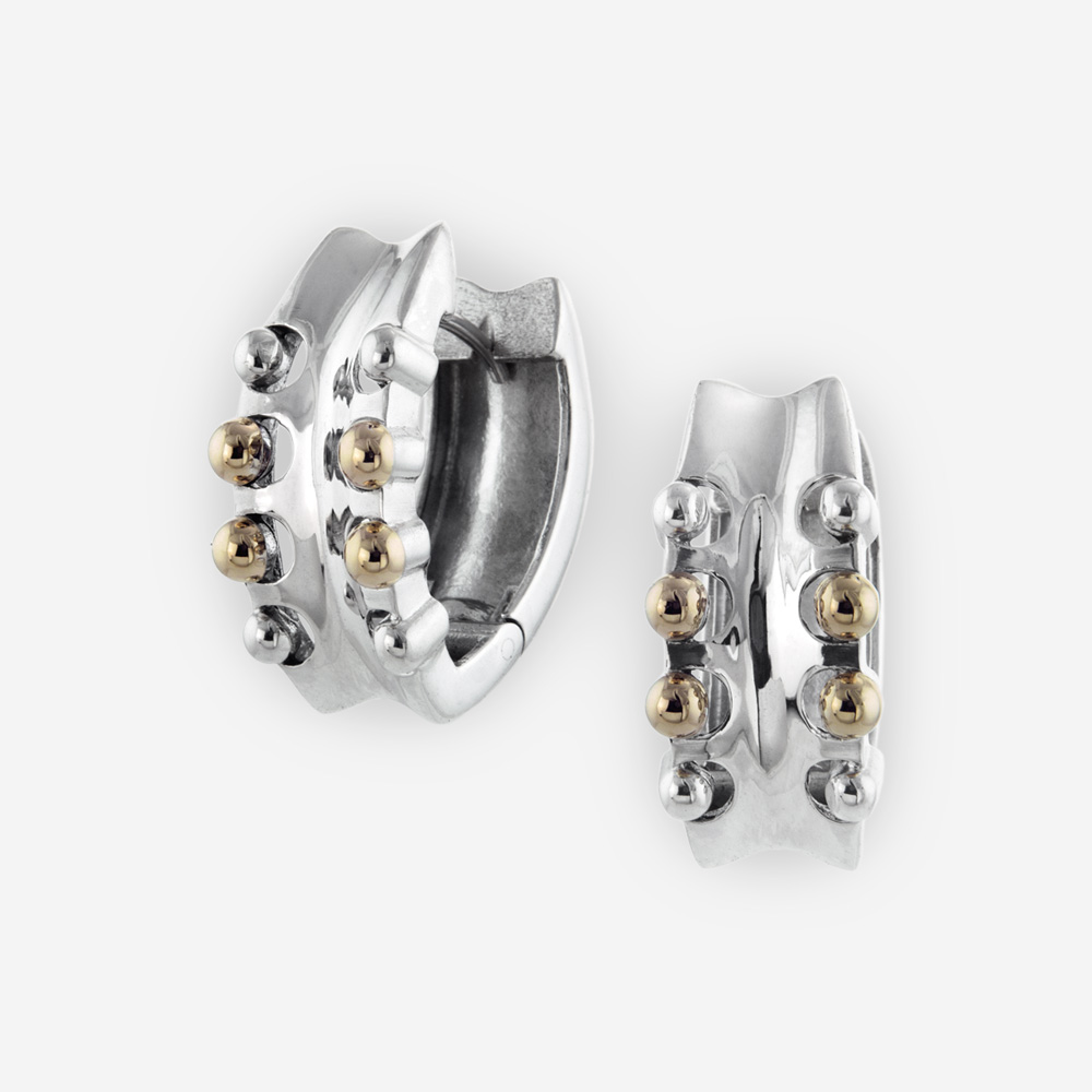 Sterling Silver Huggie Hoop Earrings with 14k gold Dots.