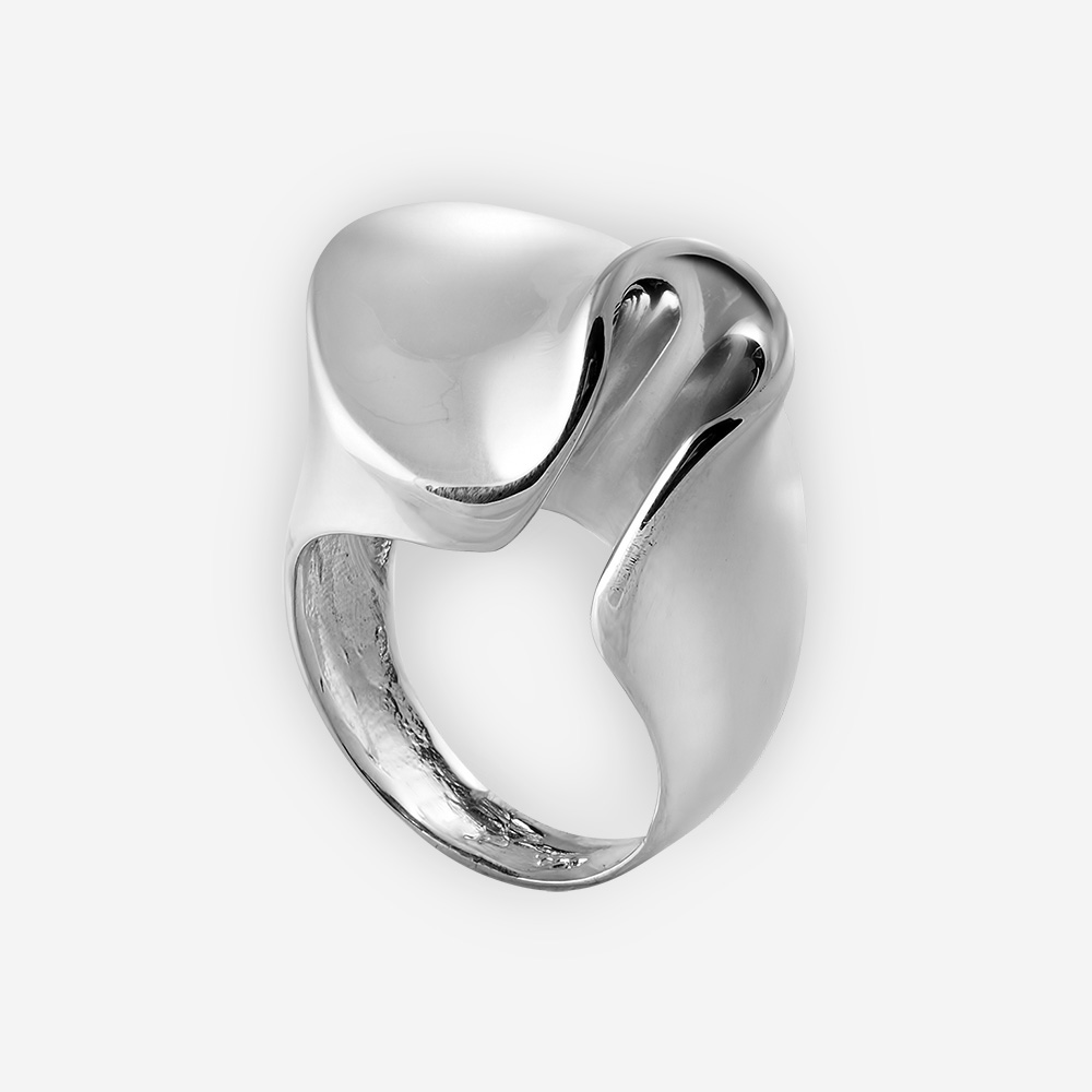 Sterling silver abstract rolled statement ring with a high polish finish.