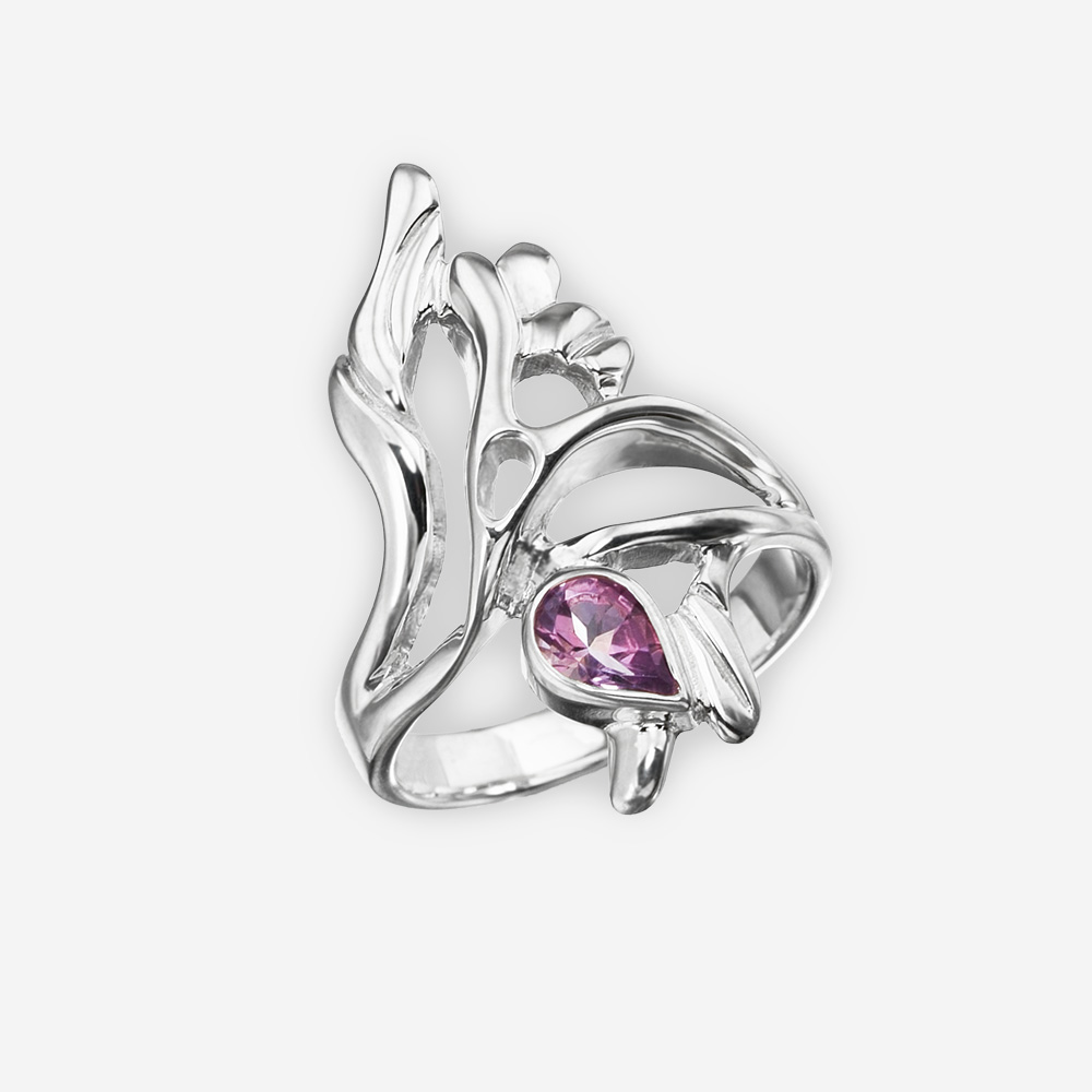 Sterling silver amethyst flower ring with a high polished finish.
