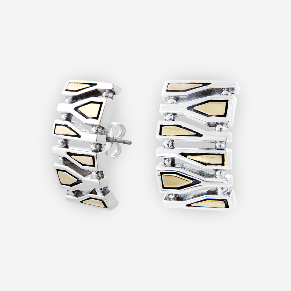 Sterling Silver with 14k gold Stud Earrings in rectangle shape