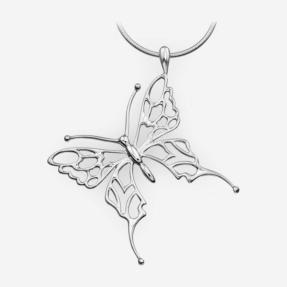 Sterling silver butterfly pendant with openwork details and a high polished finish.